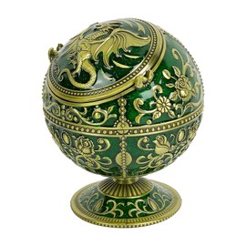 Dragon Ashtray with Lid – Jade Green Gold Zinc Alloy Windproof Ashtray, 3D Embossed Design, Cone Incense Burner for Man Cave, Fantasy, Medieval Room