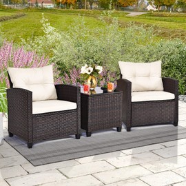 S AFSTAR 3 Pieces Patio Furniture Set, Outdoor Wicker Conversation Set Rattan Chairs with Soft Cushions, Glass Coffee Table, Bistro Set for Front Porch Balcony Garden Deck Poolside, White