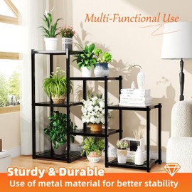 Simple Trending Plant Stand Indoor Outdoor, Heavy Duty Metal Waterproof 7 Tiered Plant Shelf for Multiple Flower Planter Holder Tall Large Rack, Black