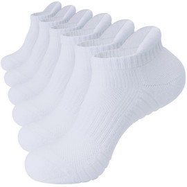 Stoeury Mens Running Socks, Cushioned Anti Blister Trainer Socks, Black White Ankle Socks for Men Women, Moisture-Wicking Short Cotton Socks for Sports, Gym, Walking and Daily, 6 Pairs, White,12-15