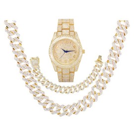 Charles Raymond Iced Out Mens Watches on Blast w/Zig Zag Necklace & Bracelet Sets - New Cuban Z Links w/3 Row Iced Out Diamonds on Each Side - ST102SSeries (ST10328 Gold w/Necklace-Bracelet)