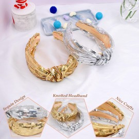 Bellisia Knotted Headbands for Women Glitter Fabric Hair Bands Sequin Sparkly Headband Top Knot Headbands for Women's Hair Wide Hairbands Turban Hair Accessories 2Pcs Gold and Silver