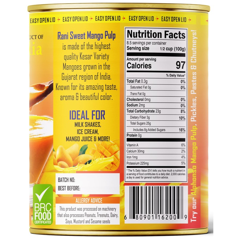 Rani Mango Pulp Puree (Makes Mango Lassi Shakes) Kesar Sweetened