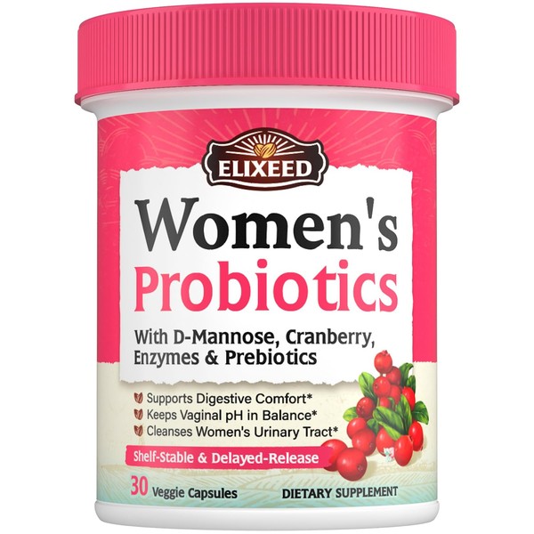 Elixeed Probiotics for Women, 120 Billion CFU with Prebiotics Cranberry D-Mannose & Enzymes, Digestive Vaginal & Urinary Tract Health, 30 Delayed-Release Caps