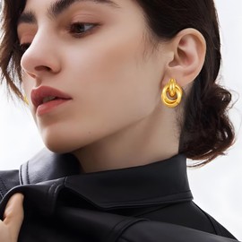 YUJIE Gold Clip On Earrings for Women Gold Plated Geometric Knot Ear Clip Chunky Door Knocker Studs Earrings Trendy Jewelry, Brass, No Gemstone