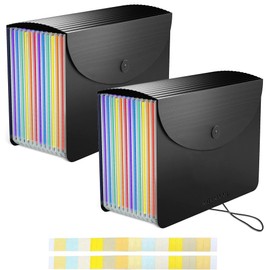 Meknaail File Organiser 13 Pockets A4 Size Expanding Accordion Filing Boxes with Lid and Colour Labels Folders for Paperwork and File Storage (Pack of 2)