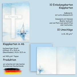 10 Invitation Cards with Envelope Invitation Folding Cards Stylish Cross and Sailing Boat Watercolour Delicate for Christening Communion Confirmation Blue Girls and Boys