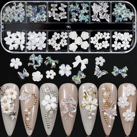 Flower Nail Art Charms 60pcs Nail Glitter Decals Decoration 3D Nail White Flower Mixed Design Acrylic Nail Stud Jewelry Salon Nail Accessories Supplies for Women DIY Manicures Tips