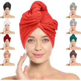 LOOM KNIT Hair Towel Wrap Lightweight Turban, Instant Drying 100% Cotton Hair Cap Super Quick Absorbent Anti-Frizz Twist Toweling Dry Hat with Button and Loop for Long Curly Hairs, 64 x 24CM, Orange