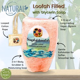 Soap Bar Loofah| Natural Loofah Sponge | Loofah Exfoliating Body Scrubber | 9-12 0z of Plumeria Scented Artisanal Handmade Natural loofah soap in a Disposable Shower Loofah