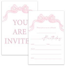Nopoben Pink Bow Birthday Invitation Cards For Girls Adult Teens, Birthday Party Supplies Favors, 20 Fill-In Invitation Cards with Envelopes -26
