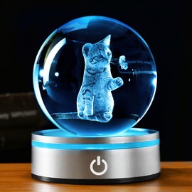 IFOLAINA Birthday Gift, 3D Cute Cat, Crystal Ball, Women's, Popular Gift, Stylish, 3.1 inches (80 mm), Bedside Lamp, Indirect Lighting, LED Light, Atmosphere Creation, Cat, Bedroom, Light, Healing