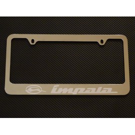 chevy impala license plate frame, chrome metal, Brushed aluminum text