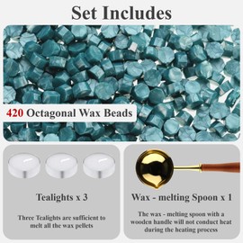 420 Pcs Wax Seal Beads, Wax Sealing Kit with 3 Tea Candles and 1 Melting Spoon, Antique Decor for Wedding Invitations, Envelope, Scrapbook, DIY Gift Wrap (Blue B)