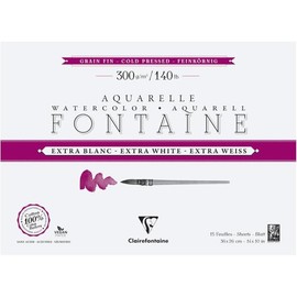 Clairefontaine Fontaine 976041C Watercolour Paper Extra White Fine-Grained 4-Sided Glued 15 Sheets 300 g 36 x 26 cm Pack of 1