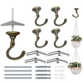 Evsteluo 4 Sets Large Swag Ceiling Heavy-Duty Hooks with Complete Hardware Kit - Ideal for Hanging Plants, Ceiling & Drywall Installation (Antique Brass)