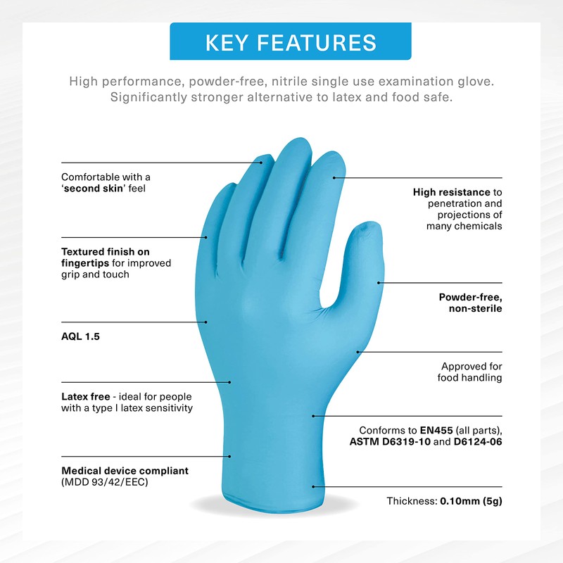 Skytec Utah Blue Disposable Nitrile Gloves - Multipurpose Powder Free