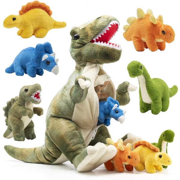 PREXTEX 15" T-rex Dinosaur Stuffed Animal Set with 4 Dino Plush Toys Inside, Large Zippered Pouch Dinosaur for Boys & Girls, Stuffed Animals Dinosaur Toys for Kids 3-5, Colorful Dinosaur Plush