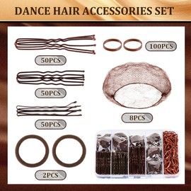 YGQQOY Dance Hair Accessories Kit, Dance Stuff with 100 U-shaped Pins, 50 Bobby Pins, 100 Elastic Rubber Bands, 8 Invisible Hair Nets,2 Hair Ties for Ballet Bun,Dance Competitions,Brown