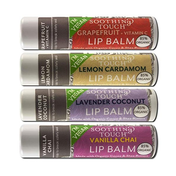 Soothing Touch Vegan Lip Balm - Grapefruit, Lemon Cardamom, Coconut Lavender, Vanilla Chai - Variety Pack of 4