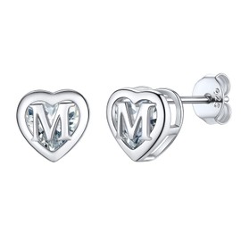 Sterling Silver Heart Stud Earrings with Initial M Letter Name 925 Stamp Dainty Pierced Studs Women Jewellery