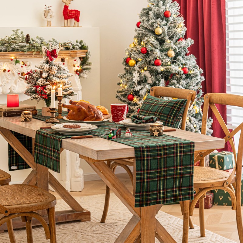 Green Yellow Plaid Christmas Table Runner, Winter Holiday Table Runners