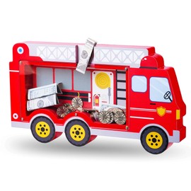 AORCMITN Wooden Fire Truck Piggy Bank Boalord for Boys Kids Girls Clear Real Money Coin Bank Toy Toddler Birthday