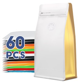 Coffee Bags with Valve(60pcs,16 oz,1 lb) Vented Coffee Beans Packaging Bags High Barrier Aluminumed Foil Flat Bottom Heat Sealed Side Zipper Resealable Storage Bag for Home or Business（White+Gold）