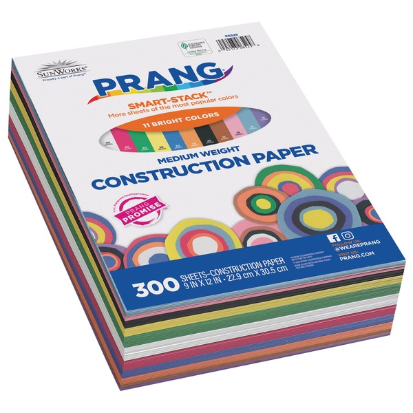 Prang (Formerly SunWorks) Smart-Stack Construction Paper, 11 Assorted Colors, 9" x 12", 300 Sheets