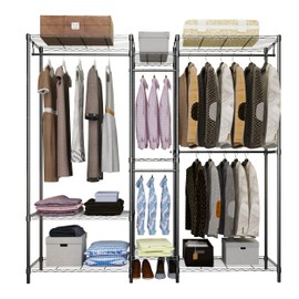 Serxis 6 Tiers Heavy Duty Clothes Shelf,Metal Garment Rack, Adjustable Garment Rack with Hanging Rod and Wire Fixing Baskets,Max Load 720LBS,Black