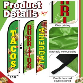 Hillsuren 3 Pcs Tacos Burritos Feather Flag 12 Feet Taqueria Mexican Restaurants Advertising Feather Banner Sign Tacos Advertising Flags for Outside Business Markets Mexican Food