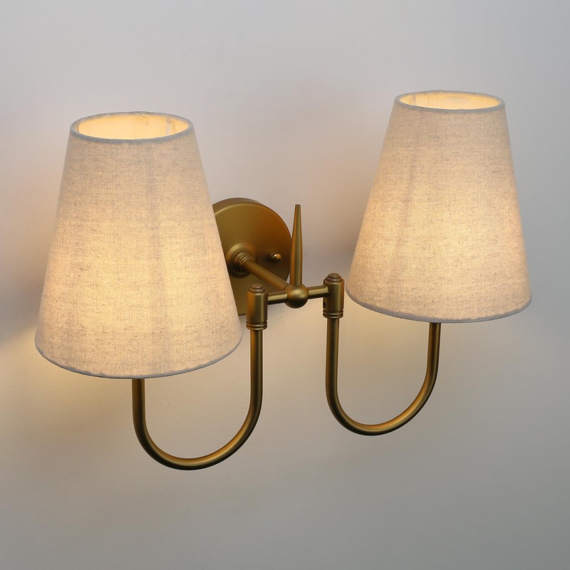 Pathson 2-Lights Linen Fabric Wall Sconce Light, Hardwired Double Curved