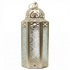 Vela Lanterns Candelabro Decorativo para Velas marroquíes de Oro Blanco para Mesa o Colgante, decoración de Interiores, Patio o Porche al Aire Libre, Bodas, Mediano