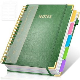Hardcover Spiral Notebook Journal, 8"x10" Large B5 Notebooks with Removable Dividers Tabs, 300 Pages Leather 5 Subject Notebook College Ruled, Journal for Work School Note, 100 GSM Thick Paper, Green.