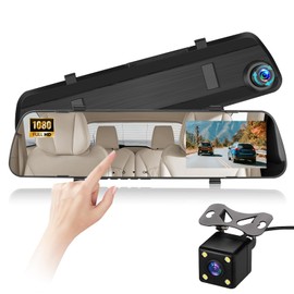 NHOPEEW 1080P Dual Lens Rear View Mirror Camera - 4 Inch Touchscreen Mirror Dash Cam Front and Rear - Exposure Adjustment/Loop Recording/Motion Detection/Parking Assistance + Backup Camera