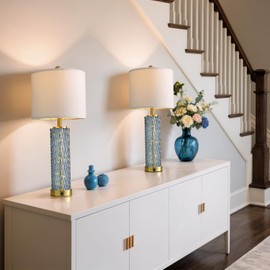 Oneach 27.75” Table Lamps Set of 2, Blue Modern Bedside Lamp with LED Night Light, USB A+C, Glass Lamps for Living Room, Bedroom, Nightstand, Office, End Table (2 Bulbs Included)