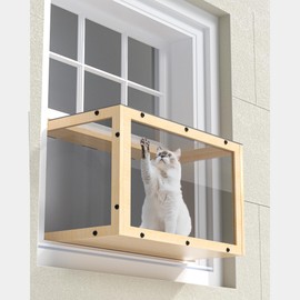 Window Cat Perch Catio, Wood Cat Window Box, Window Catio for Indoor Cats. Suitable Single Hanging Window with an Inner Diameter of The Window Frame with A Net Opening Width of 24-35 in. KGCCIZI.