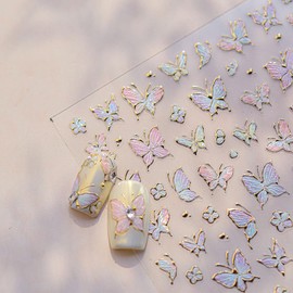1 Sheets Embossed Butterfly Nail Stickers for Nail Art Flower Nail Art Stickers 5D Self Adhesive Gold Line Butterflies Floral Nail Decals Colorful Butterfly Sticker for Women DIY Nail Design