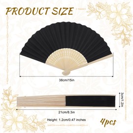 YQQYG 4 Pack Paper Hand Fans, Black Fans for Line Dancing, Foldable Paper Fans, Bamboo Folding Fan for Wedding Party Favor Photography Props