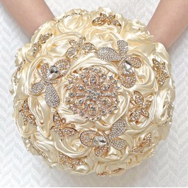 QingForBesty Handmade Floral Satin Rose Butterfly Shape Rhinestone Bridal Bouquet Luxury Golden Rhinestone Artificial Flowers for Wedding