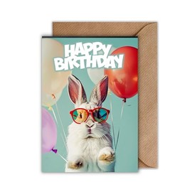 Funny Birthday Card with Rabbit & Sunglasses - "Happy Birthday" Folding Card with Balloons - DIN A6 Greeting Card with Envelope - Funny Animal Card for Children & Adults