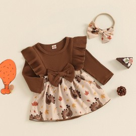 Baby Girl Thanksgiving Outfit Newborn Romper Dress Ribbed Ruffle Skirt Hem Jumpsuit Cute Fall Clothes+Headband (Turkey Brown, 6-12 Months)