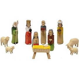 Pinnacle Peak Trading Company Colored German Carved Wood Christmas Nativity Scene Set of 11 Pieces Germany