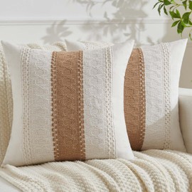 Jayusaror Cushion Cover, 40 x 40 cm, Brown, Boho Macrame Cotton Linen Cushion Covers, Sofa Cushion, Decorative Farmhouse Cushion Covers, Modern Decorative Cushion Cover for Sofa, Living Room, Set of 2