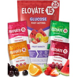 Elovate 15 Fast-Acting Glucose Packets - Quick Dissolving, Gluten-Free 15g of Glucose Powder for Sugar & Energy Dips - Oral Dextrose Powder for Kids & Adults, 25 Slimpaks, Multi-Flavor