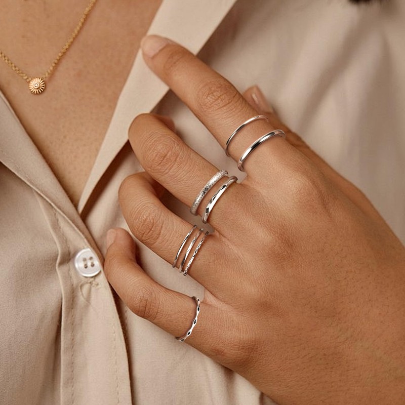 Kakonia 8Pcs 1MM 2MM Stainless Steel Rings for Women Men