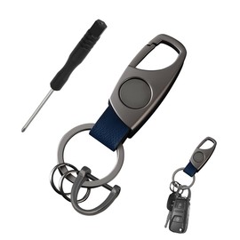 FSTURIOS Carabiner Keychain, Car Key Holder with 2 Key Rings & Anti-Lost D-Ring, Unisex Leather Key Fob Holder Key Chain (Matte Gray & Royal Blue)