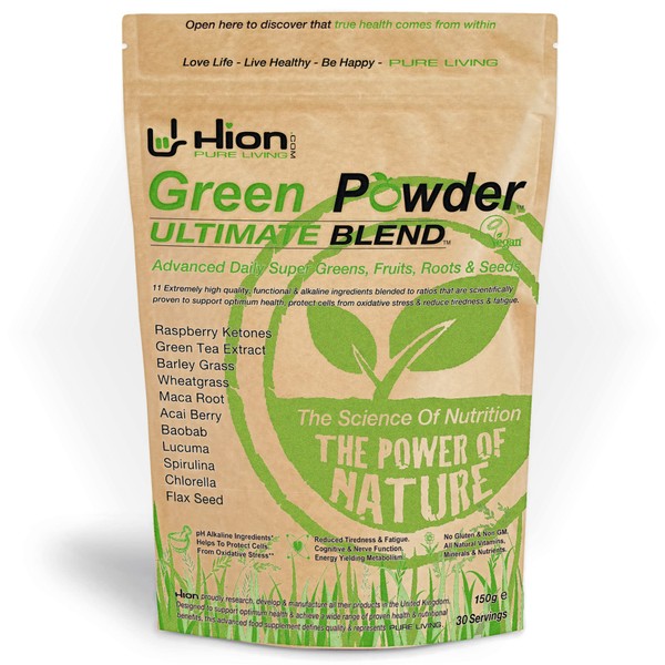 Hion Green Powder – ULTIMATE BLEND – THE UKs #1 Super Greens Powder. Zero Inulin, maltodextrin or any other useless fillers added. Give your body the nutrients it needs! | The ORIGINAL industry-leading Vegan, alkaline & gluten-free Super Greens Powder with REAL results!