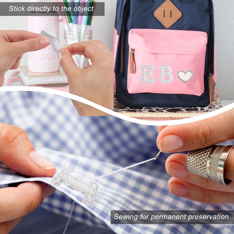 6Pcs Diamond Pearl Letter Patches, White Stick on Pearl Letter