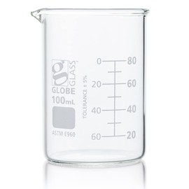 Globe Scientific Beaker, Globe Glass, 100mL, Low Form Griffin Style, Dual Graduations, 3.3 Borosilicate Glass, ASTM E960, 12/Box (8010100)